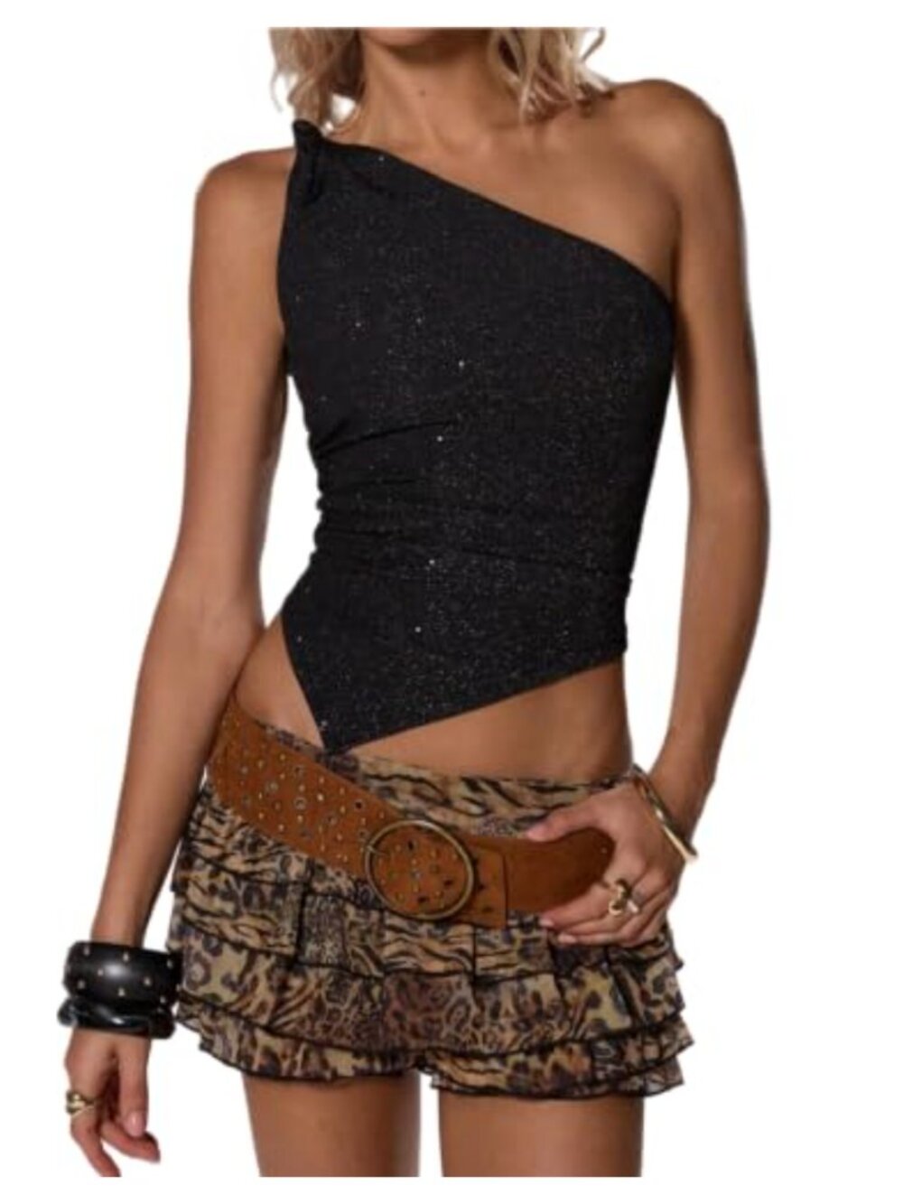 Sparkly Asymmetrical One Shoulder Sleeveless Party Rave Top Slim Fit
